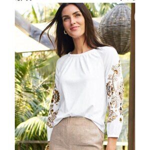 Talbot Blouson 3/4 Sleeve Top Size Large Boho Peasant Embroidered White